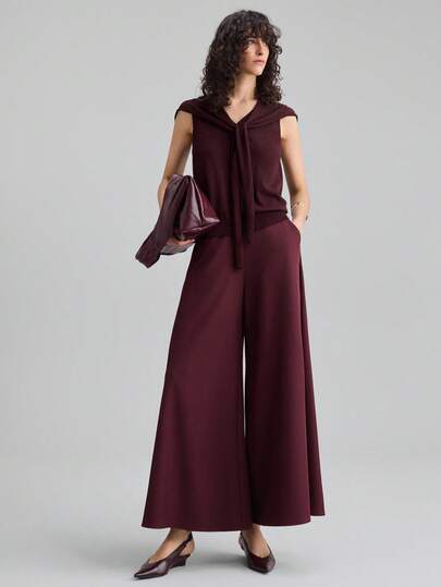 Ontre 优雅风格，简约设计，酒红色，针织披肩，V领无袖针织，针织二合一，修身廓形，女式针织两件套，女式针织上衣，秋季服装，日常穿着，休闲装，商务休闲装