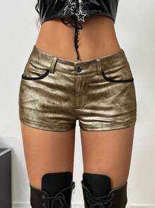 Coolane 女士夏季街头服饰音乐会音乐节Y2K金属短裤 - 金色 - 查看 6