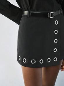Maija Outfit Deas For Black Skort With Belt, Front Double-Breasted Design With Belt, Side Concealed Zipper Closure Y2k Women Black Skirt Edgy Woman Blazer Skirt Black Grommet Skirt Graduation Dress Women Weddings & Events - Black - View 3