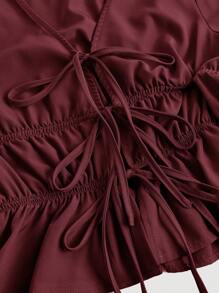 SHEIN MOD 勃艮第女式系带喇叭袖衬衫，镂空服装，女式，魔鬼服装，复古，海盗上衣，嬉皮士服装，外出上衣 - 酒紅色 - 查看 3