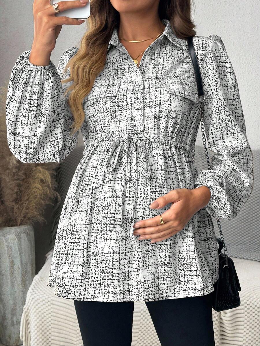 SHEIN Camisa de manga farol con detalle de solapa y cintura con cordón para maternidad - Blanco - Ver 1