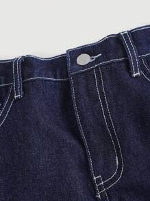 SHEIN Girlism 少女 Y2K 休闲装 2000 年代复古纯色水洗高腰老款休闲牛仔宽松牛仔裤长裙，撞色缝线，适合日常旅行、户外、居家、早午餐、茶会、通勤、机场穿着，女孩秋季服装，少女返校学院风返校节服装 - 深色水洗藍 - 查看 5