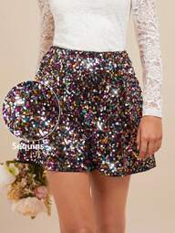 SHEIN Clasi Elegante Pailletten-verzierte Shorts für Damen in Große Größen, elegantes Partykleid, Weihnachtsparty Outfit