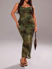 Rustia Plus Size Spaghetti Strap Front Knot Mesh Backless Split Dress - Multicolor - View 5