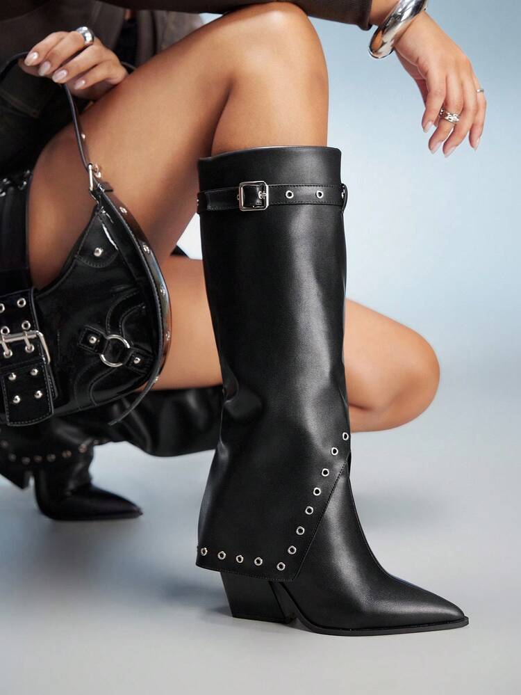 CUCCOO GRLICON Women's Black Patchwork Black Tall Boots, Western Style Stacked Heel Pointed Toe Boots - Black - View 2