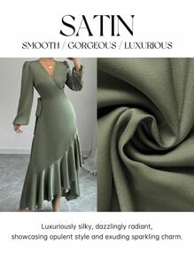 Elenzga 1 件优雅女式连衣裙，采用闪亮面料，交叉荷叶边侧系带细节，荷叶边下摆缎面连衣裙长款女装 - 綠色 - 查看 1