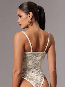 Silquee 红色性感蕾丝紧身衣，蕾丝拼布细肩带迷人透视紧身长袖紧身衣，适合日常穿着、约会之夜、外出 - 杏色 - 查看 2