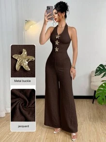 Modelyn 女式金属扣无袖细肩带短款上衣和阔腿连体裤 - 咖啡棕 - 查看 1