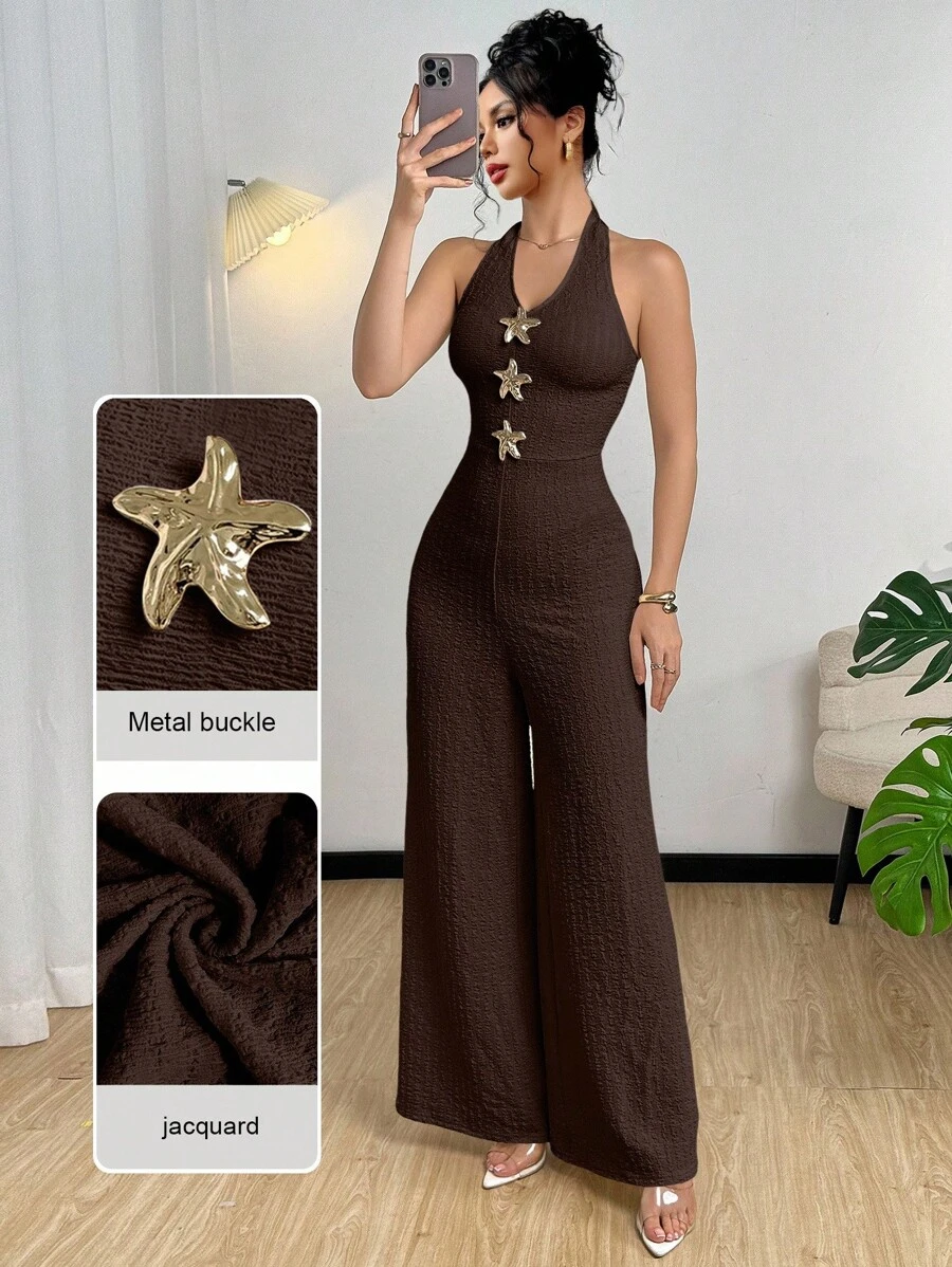 Modelyn 女式金属扣无袖细肩带短款上衣和阔腿连体裤 - 咖啡棕 - 查看 1