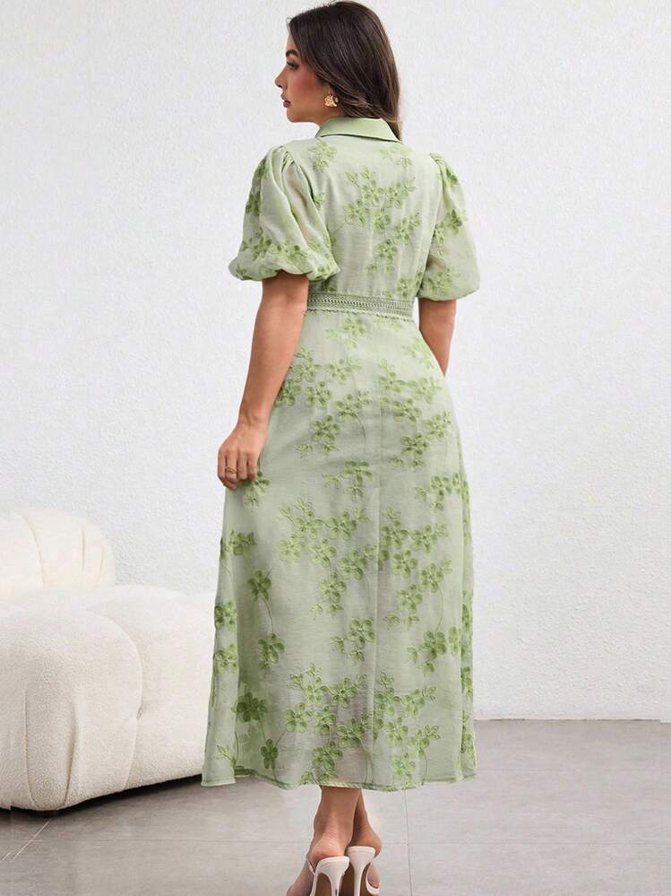 Modelyn Plus Size Turndown Collar Waist Drawstring Embroidered Green Dress - Green - View 3