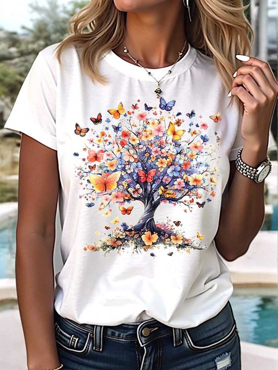 EMERY ROSE Áo thun tay ngắn cổ tròn họa tiết hoa, cây và bướm đơn giản, giản dị dành cho nữ - trắng - Xem 1