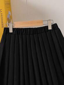 青少年女孩衬衫套装，时尚三件套：白色梭织衬衫、黑色百褶裙 + 黑白条纹披肩，适合上学季节和休闲日常穿着 - 黑色 - 查看 4