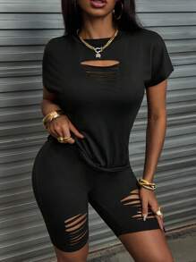 SHEIN Women Round Neck Solid Color Hollow Out Casual Short Sleeve Top And Legging Set - Black - View 4