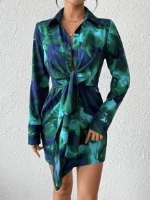 Breezaya 女士隨機印花簡約日常長袖連衣裙 - 綠色 - 查看 6