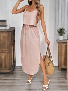SHEIN LUNE 女式夏季休闲度假纯色纹理面料抽绳腰高开衩吊带裙 - 粉色 - 查看 4