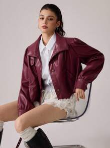 SHEIN MOD 女士时尚休闲 PU 皮革前扣立领夹克 - 酒紅色 - 查看 4