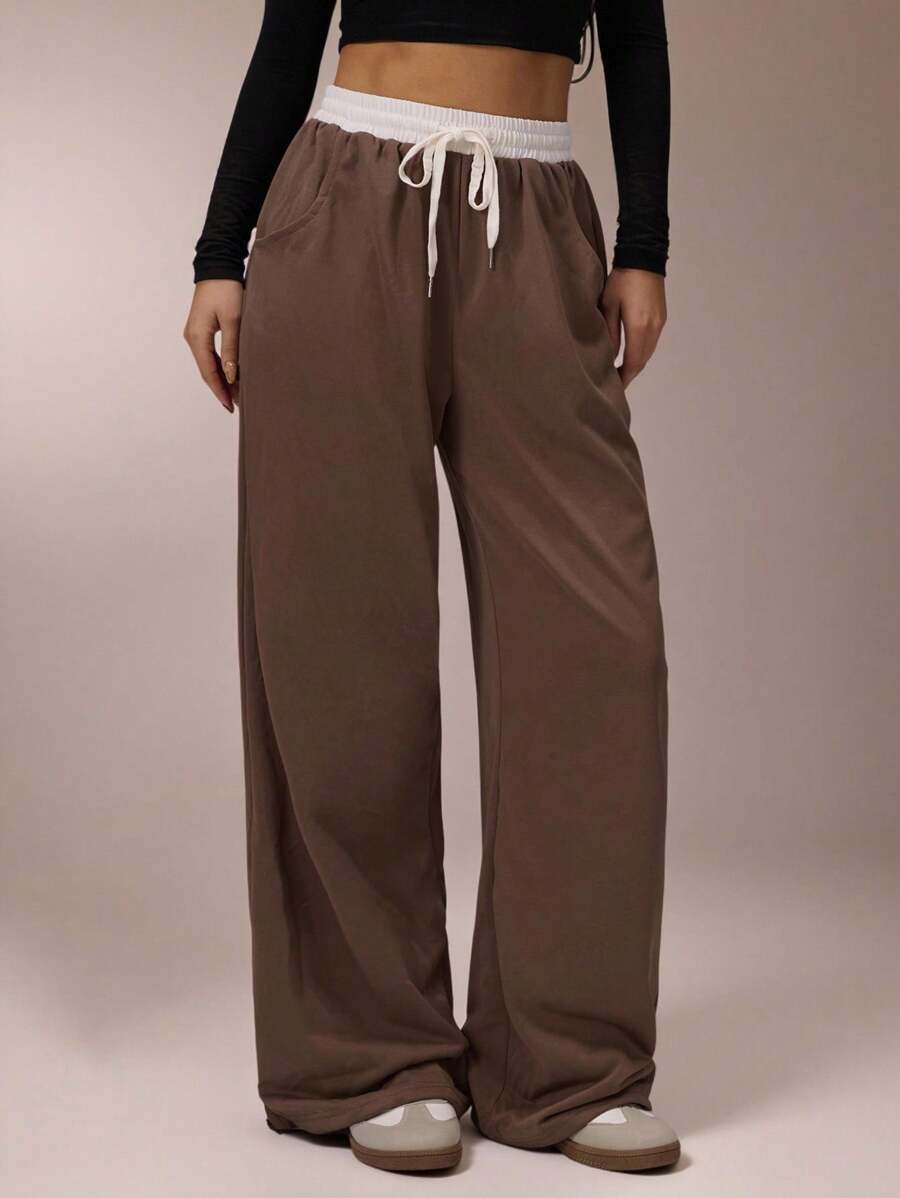 Avantive 夏季新款宽松撞色腰带阔腿女运动裤 - 咖啡棕 - 查看 1