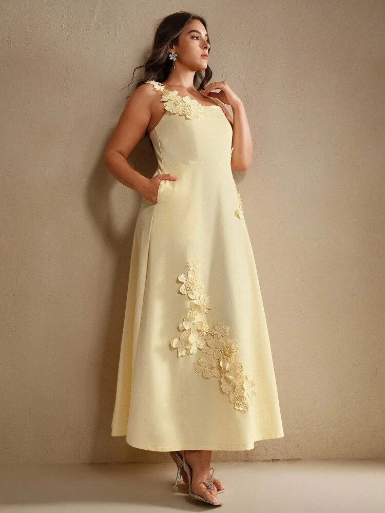 プラスサイズ 秋冬 レディースファッション エレガントシンプルロマンチックセクシー バケーション 3Dフラワー バックトゥースクール シーズン ウェア サスペンダー レースアップ 無地 イエロー ノースリーブ ロングドレス