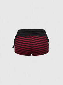ROMWE Quần short nữ siêu ngắn sọc tương phản màu sắc phong cách lễ hội âm nhạc Punk Rock dễ thương Retro - Đỏ - Xem 2