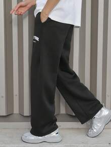 SHEIN Teens/Youth Boys' Casual Letter Slogan Print Knit Pants, All-Match Versatile Suitable For Commuting, School, Daily Casual, Travel, Outdoor Party, Sports, Autumn/Winter Black Sweatpants Wide Leg Sweatpants Baggy Sweatpants New York Sweatpants