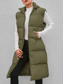 EURMUSE Solid Hooded Vest Puffer Coat - Dark Green - View 4