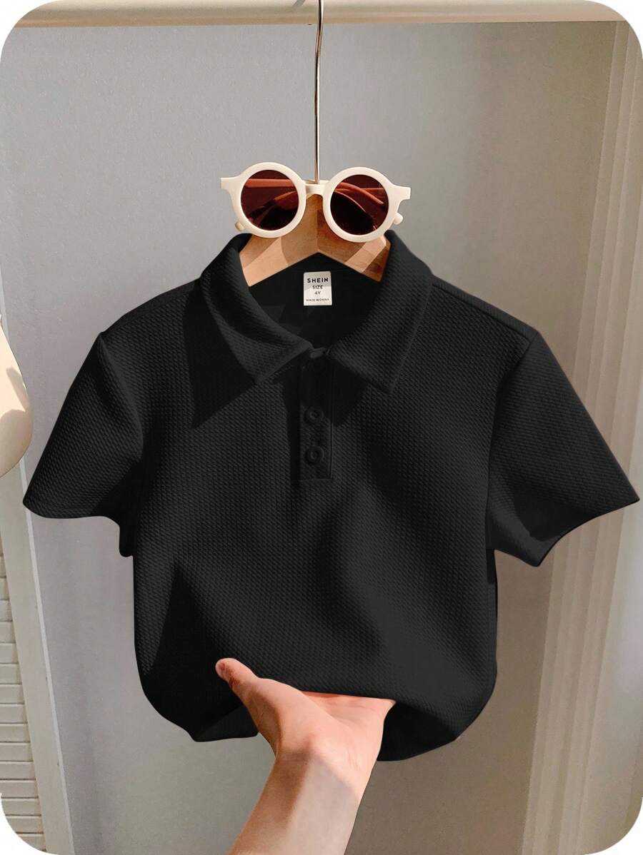 1 Piece Young Boy Casual Sports College Art Retro Textured Fabric Short-Sleeved Polo Shirt Suitable For Back To School Suitable For Birthday Parties, Evening Parties, Performances, Weddings, Baptisms, Opening Ceremonies Suitable For Suitable For Daily Use Suitable For School Suitable For Travel Suitable For Sports Suitable For Spring And Summer Seasons - Black - View 1