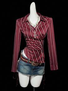 SHEIN ICON Women's Red Striped Oblique Placket Waist Ruched V-Neck Long Sleeve Casual Vacation Sexy Blouse Western Blouses