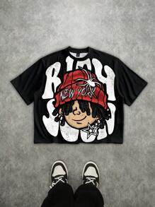 Manfinity EMRG 男士街头卡通连帽笑脸印花宽松短款T恤 - 黑色 - 查看 6