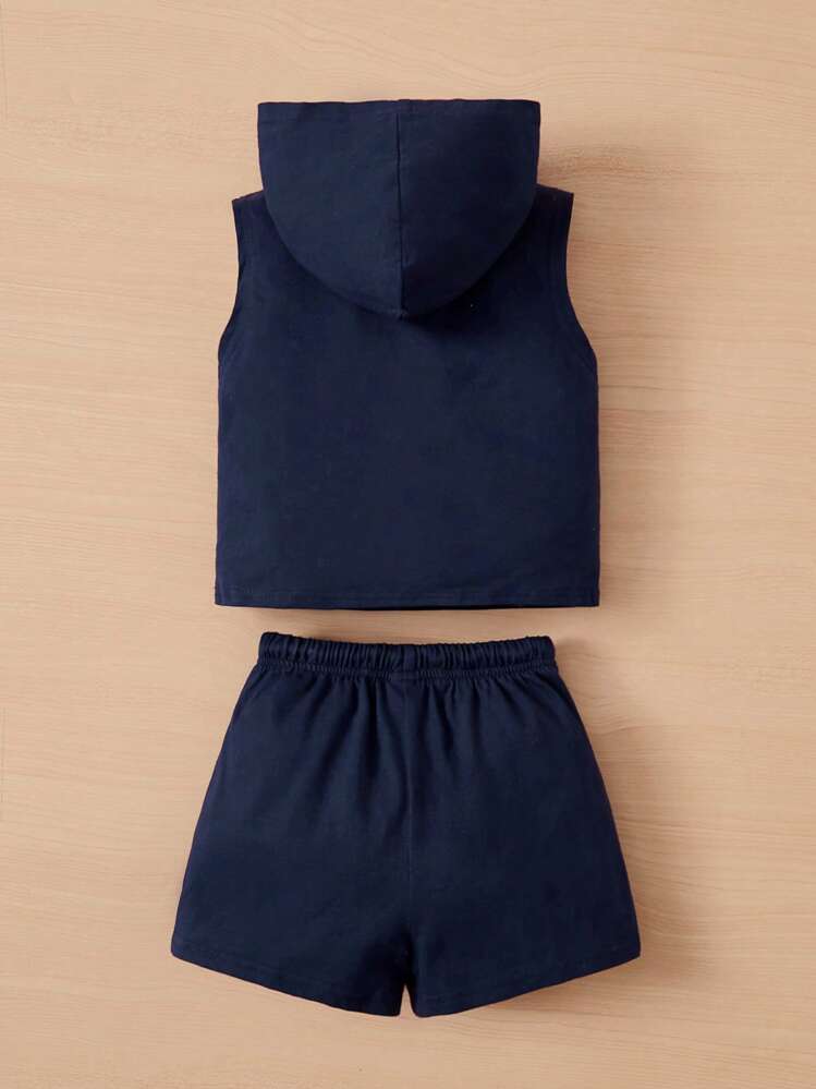 Babypojke med bokstavslappar, huva och shorts med dragsko i midjan, enfärgade babyset för pojkar, babyset för pojkar, sommarset för barn, 2 delar set för barn - Marinblå - Visa 3