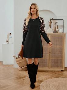 EMERY ROSE 女士休闲豹纹插肩袖卫衣豹纹连衣裙长袖连衣裙黑色休闲连衣裙动物印花连衣裙猎豹印花连衣裙秋冬 - 彩色 - 查看 6