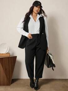 Comfylo Conjunto de traje de lana negro para mujer talla grande, para trabajo/oficina, disfraz de Halloween, elegante para fiesta en otoño/invierno - Negro - Ver 2