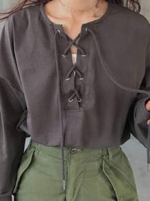 FRIFUL Áo thun dài tay cổ rút dây màu đen trơn cho nữ, dáng rộng, dễ mặc, đa năng, mùa thu - màu đen - Xem 1