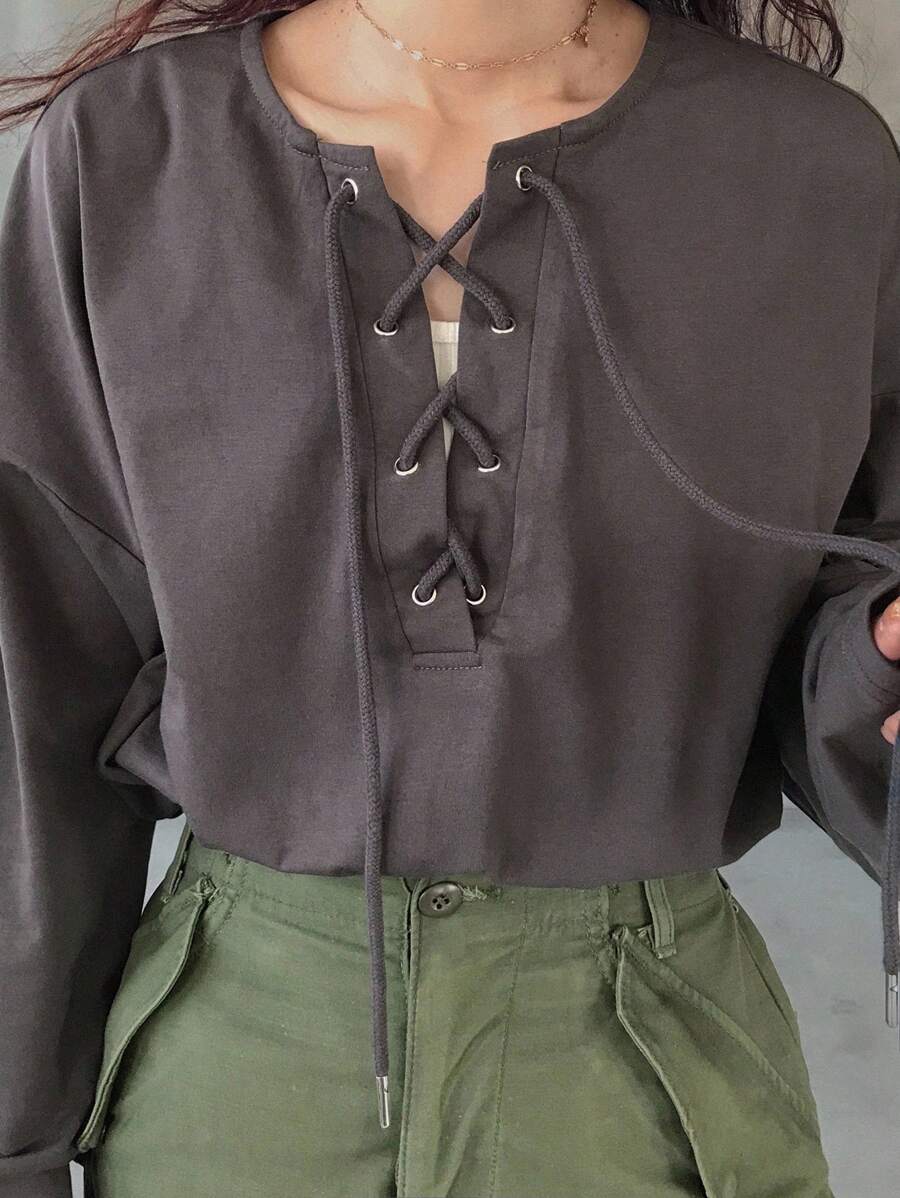 FRIFUL Áo thun dài tay cổ rút dây màu đen trơn cho nữ, dáng rộng, dễ mặc, đa năng, mùa thu - màu đen - Xem 1