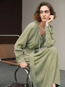 Uhlyne Women's Autumn Minimalist Loose Comfortable Cinched Waist Tie Long Sleeve Casual Commuter Green Linen Dress Shirt Fall Cloth For Women