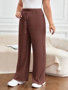 SHEIN Frenchy Pantalones informales de talla grande con cordón en unicolor - Óxido marrón - Ver 5