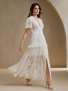 Anewsta Vestido Elegante Azul com Renda e Manga Curta, Estilo Boêmio para Festivais de Música, Primavera/Verão, Feminino - Branco - Visão 4