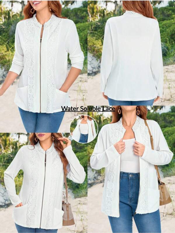 EMERY ROSE Plus Size Stand Collar Knit Striped Color Block Water Soluble Lace Insert Double Pocket Front Zip Women Jacket, Suitable For Early Autumn White Lace Jacket Fall Women Clothes Winter Clothes For Women Winter Jacket