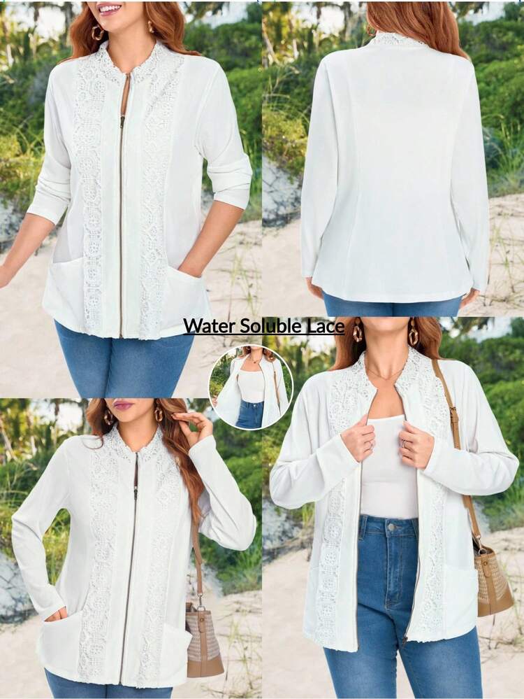 Plus Size Stand Collar Knit Striped Color Block Water Soluble Lace Insert Double Pocket Front Zip Women Jacket, Suitable For Early Autumn White Lace Jacket Fall Women Clothes Winter Clothes For Women Winter Jacket