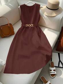 SHEIN Clasi 女士优雅 V 领橙色中长连衣裙，金属环扣腰带，合身腰部设计，春夏