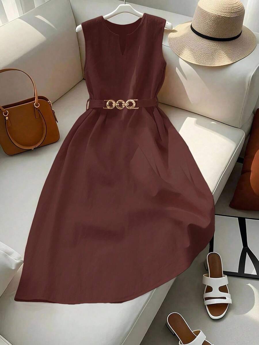 SHEIN Clasi 女士优雅 V 领橙色中长连衣裙，金属环扣腰带，合身腰部设计，春夏