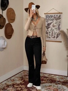 LanaWest 系带前生菜边短款开衫、长袖上衣 - 卡其色 - 查看 6