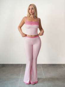 Sweetina 女士 2 件套蕾丝吊带背心和喇叭裤，女孩休闲装粉色喇叭裤套装蕾丝边两件套 - 粉色 - 查看 5