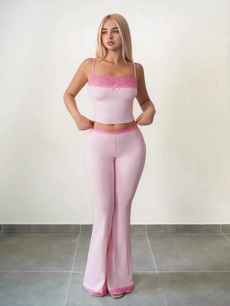 Sweetina 女士 2 件套蕾丝吊带背心和喇叭裤，女孩休闲装粉色喇叭裤套装蕾丝边两件套 - 粉色 - 查看 5