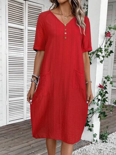 EMERY ROSE Solid Button Front Dual Pocket Tunic Dress