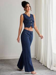 Elenzga Conjunto de chaleco y pantalones de mezclilla de moda para mujer, para verano - Azul lavado oscuro - Ver 5