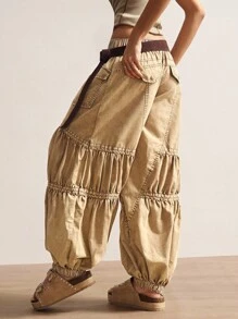 波西米亚风复古休闲纯色梭织宽松水洗女裤 - 摩卡棕 - 查看 5