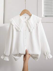 Sparklyn 春秋新款彼得潘领3D蝴蝶结长袖宽松白衬衫，甜美百搭，简约学院风，法式荷叶边下摆上衣。彼得潘领上衣，秋冬返校服饰
