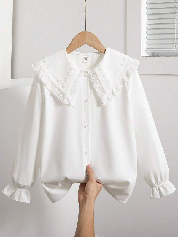 Sparklyn 春秋新款彼得潘领3D蝴蝶结长袖宽松白衬衫，甜美百搭，简约学院风，法式荷叶边下摆上衣。彼得潘领上衣，秋冬返校服饰