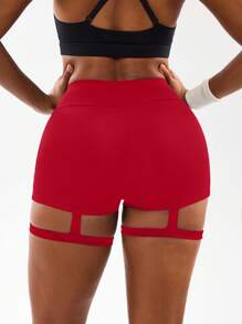 Easithlete 女士时尚性感瑜伽紧身镂空吊带设计运动健身短裤红色氨纶短裤女款红色短裤红色舞蹈短裤吊袜短裤红色骑行短裤钢管舞短裤女款红色短裤大腿镂空短裤 - 紅色 - 查看 5