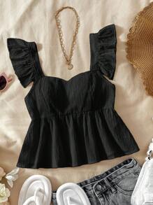 SHEIN TEENGIRL 黑色纹理面料盖袖 A 字衬衫，适合度假、音乐节、波西米亚风、节日、下午茶